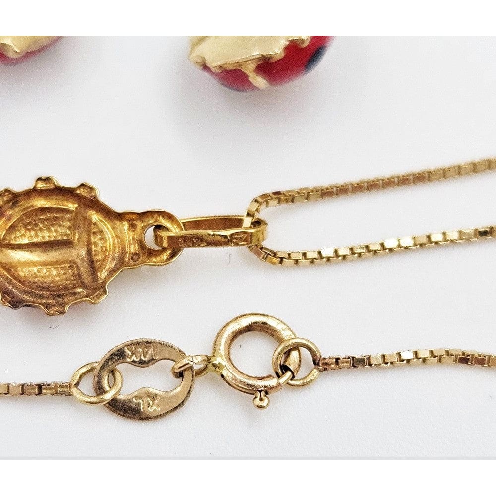 14k Gold Jewelry Designer 14KT & Guilloche Enamel Ladybug Necklace & Earrings Demi Parure Set