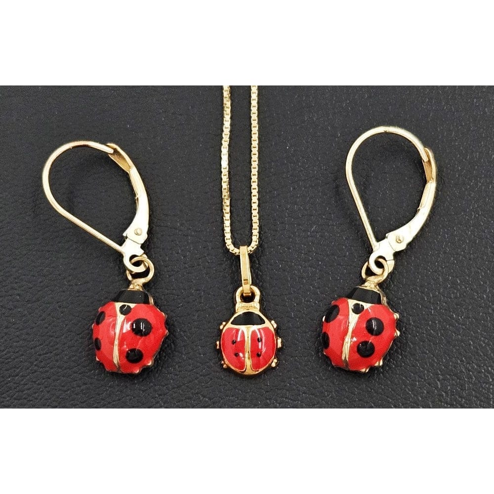 14k Gold Jewelry Designer 14KT & Guilloche Enamel Ladybug Necklace & Earrings Demi Parure Set
