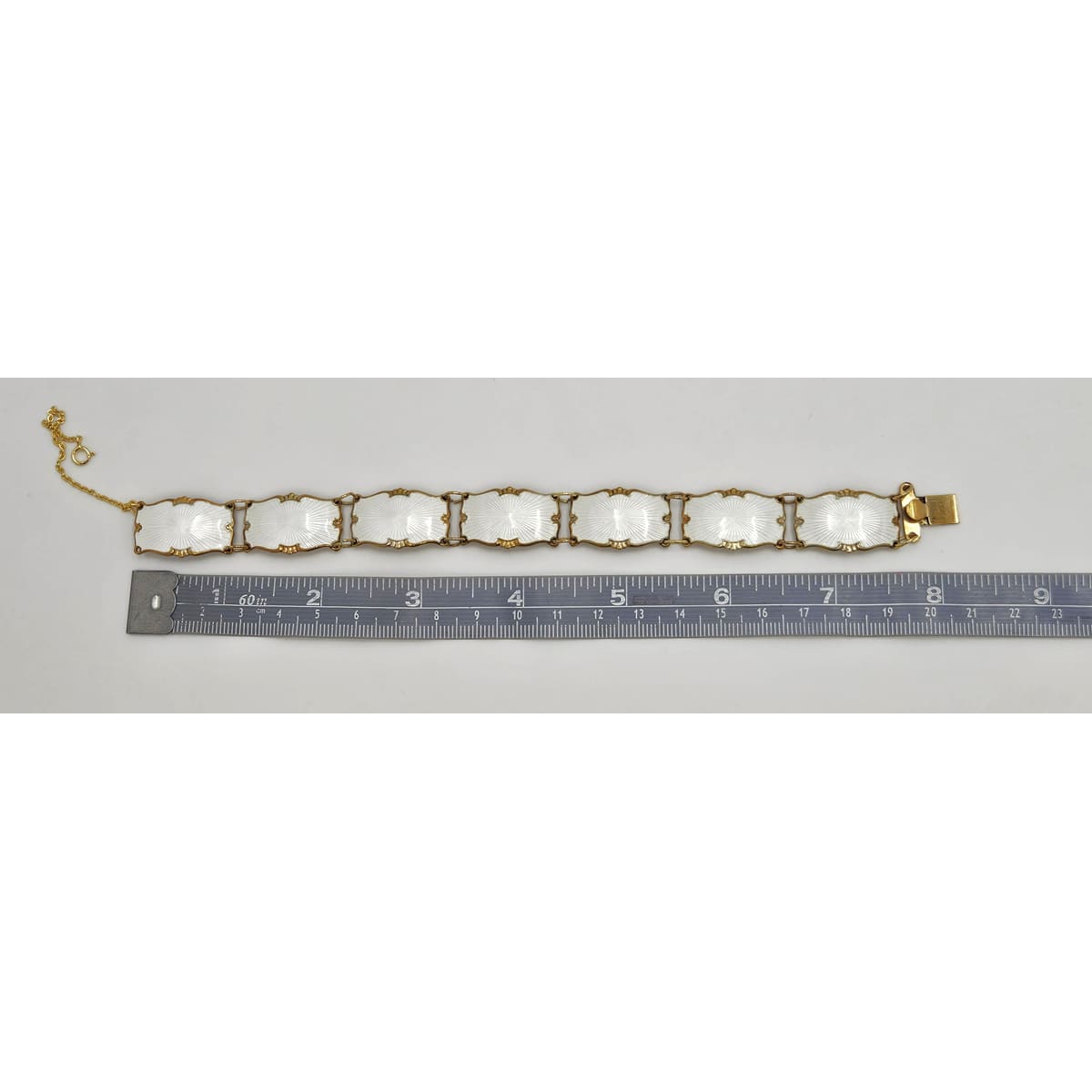 Ivar Holth Norway Sterling & White Enamel Art Deco Panel Link Bracelet 1940s, multicolor, gold, geometric - image 10 of 10