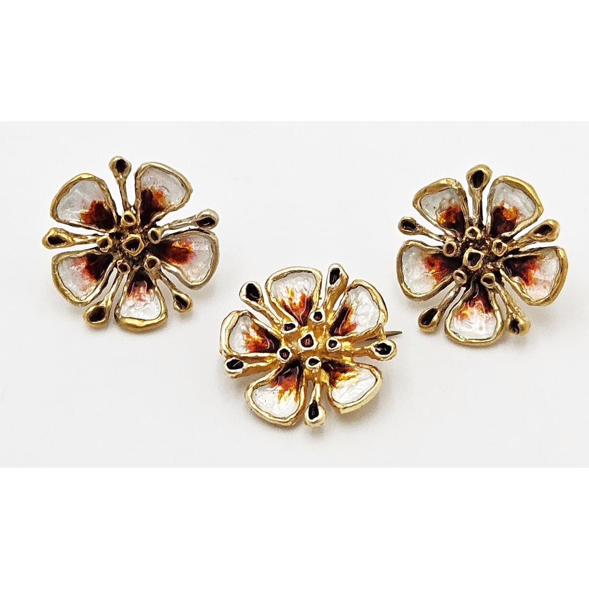 David Andersen Sterling Enamel 3D Flower Pin Earrings Demi Parure Set 1960s, multicolor, floral, gold - image 3 of 9