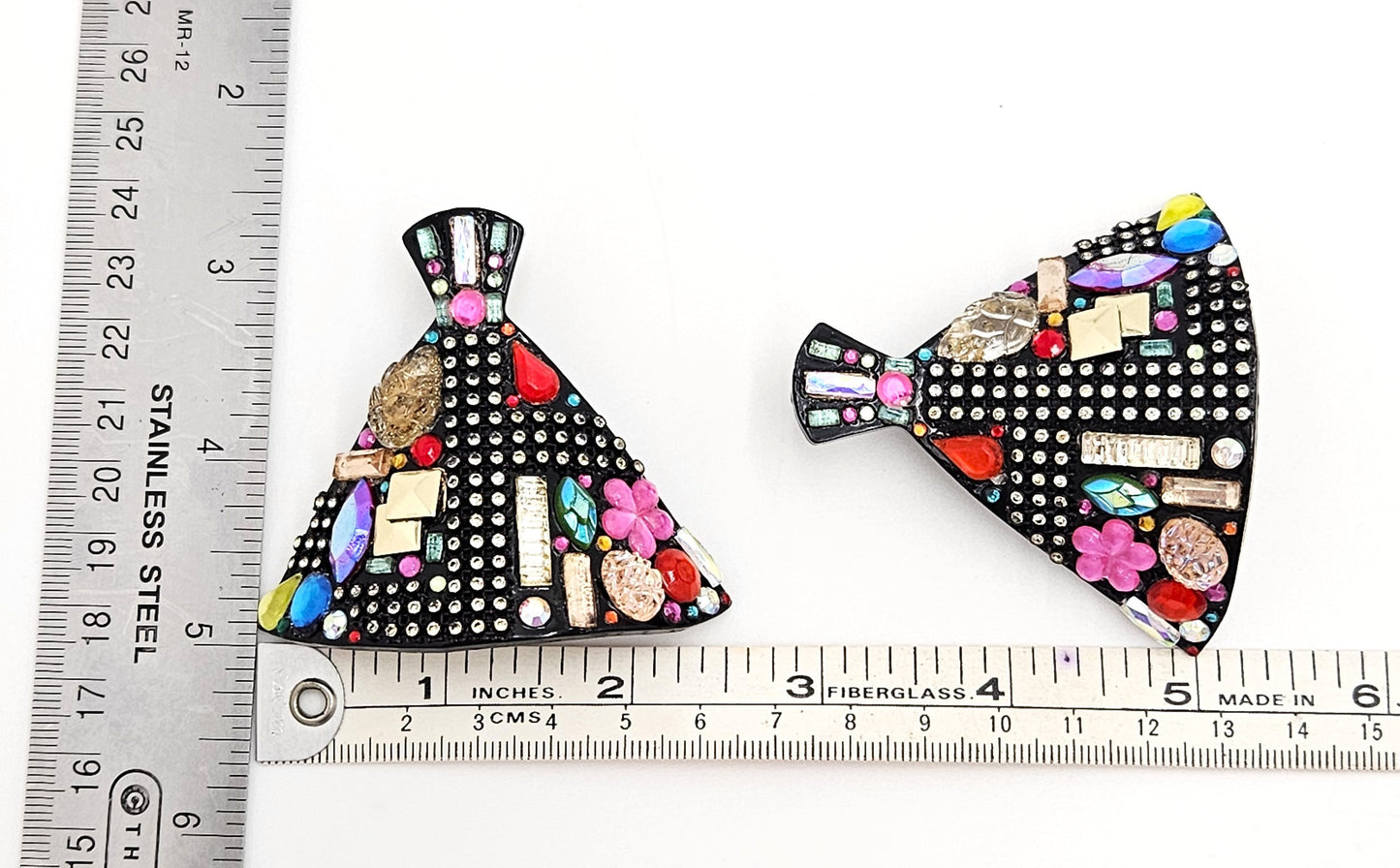 Bill Schiffer Large abstract Skyline Lucite Rhinestones Earrings Signed 1987, view 10 of 10