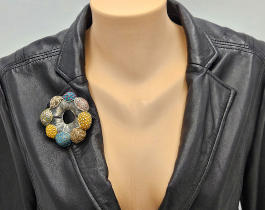 Vintage XL sterling silver and Polymer Clay Hydro Style Signed Ford Forlano Brooch, view 2 of 10