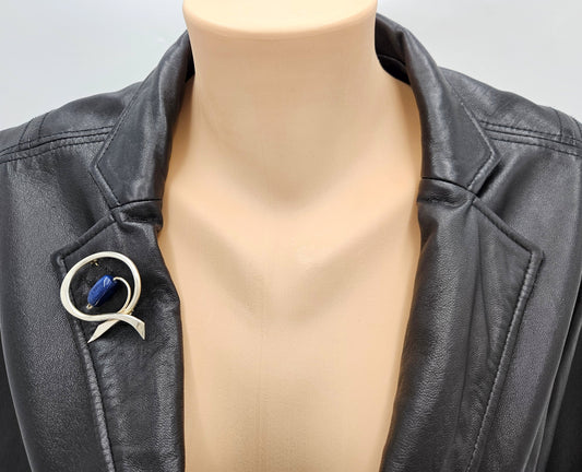 Danish Designer Bjorklund sterling silver Lapis Lazuli Brooch Circa 1960s, view 2 of 7