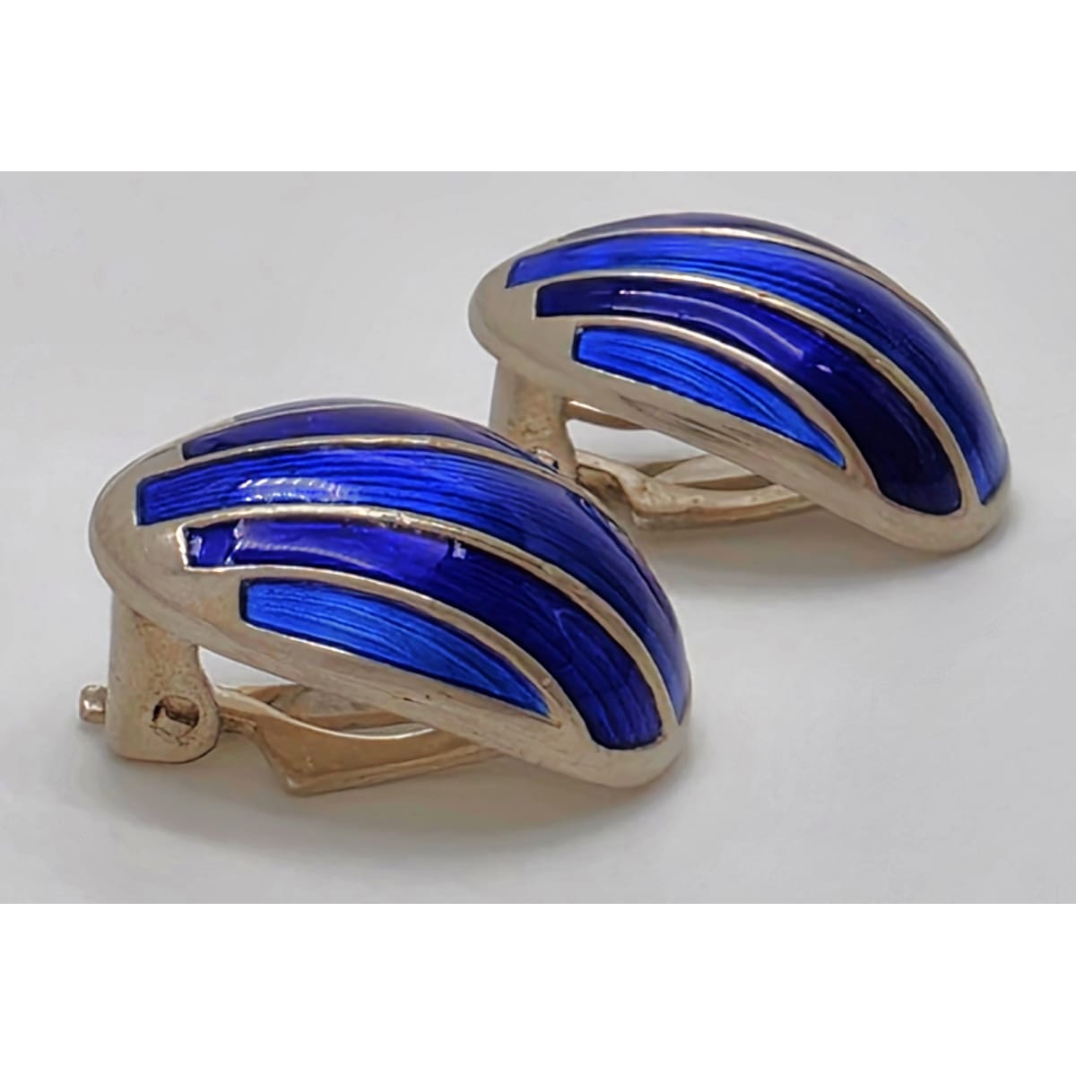David Andersen Norway Sterling & Blue Guilloche Enamel Modernist Earrings 1950s, alternate product view 3