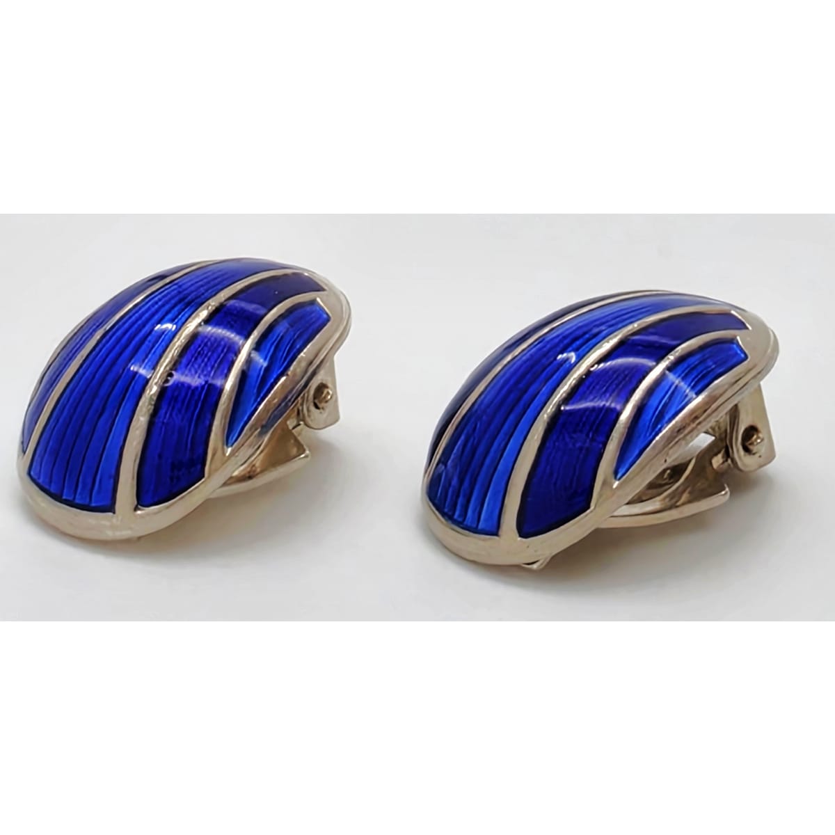 David Andersen Norway Sterling & Blue Guilloche Enamel Modernist Earrings 1950s