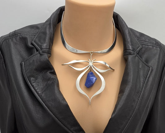 VTG Artisan Sterling Silver Lapis Lazuli Sculptural Modernist Collar Necklace, alternate product view 2