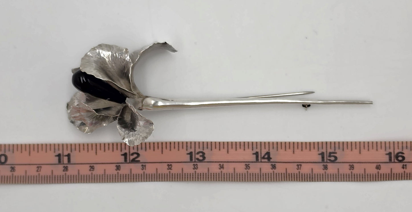 Superb Vintage Angela Conty Sterling Silver & Onyx XL 3D Orchid Flower Brooch, alternate product view 10
