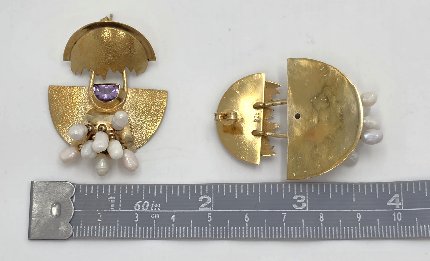 Modernist Deco Revival Amethyst Pearl Gilt Sterling Dangle Earrings C. 1980's, alternate product view 8