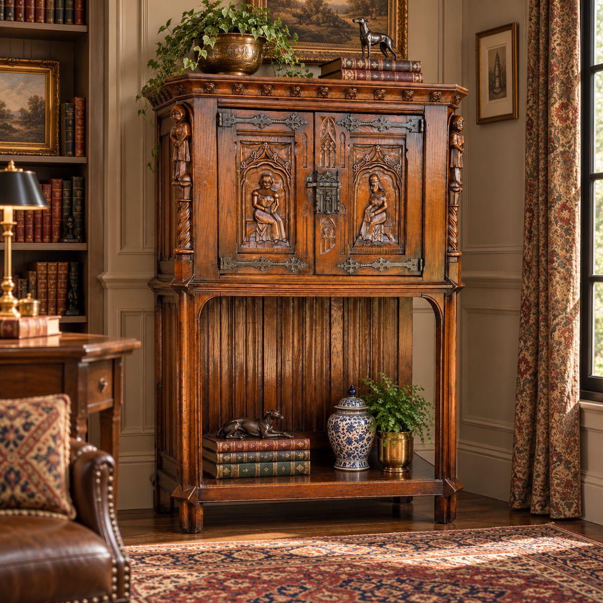 19th Century Flemish Oak & Iron Neo-Renaissance/Gothic Revival Vestry Cabinet