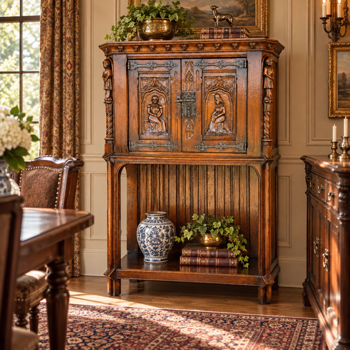 19th Century Flemish Oak & Iron Neo-Renaissance/Gothic Revival Vestry Cabinet