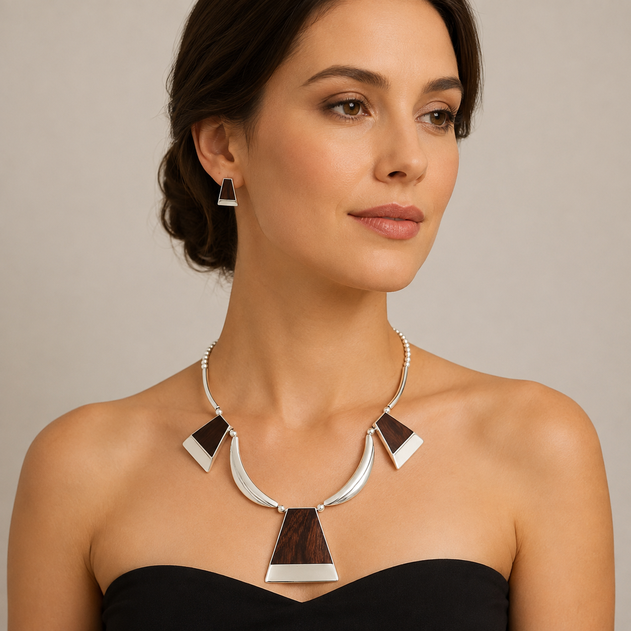 Superb RARE White Hogan Sterling Wood Modernist Necklace Earrings Set 60s