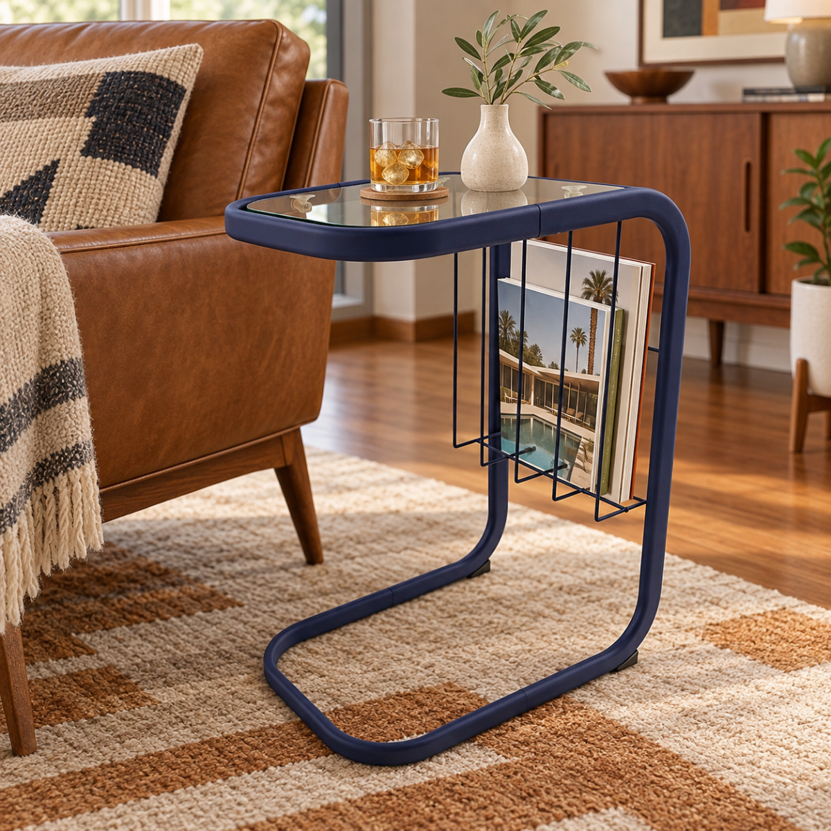 Refurbished Enameled Brass and Glass Magazine Rack Accent Side Table 1960s