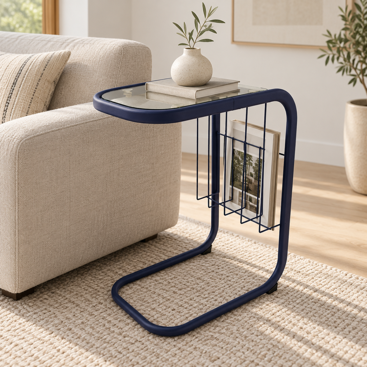 Refurbished Enameled Brass and Glass Magazine Rack Accent Side Table 1960s