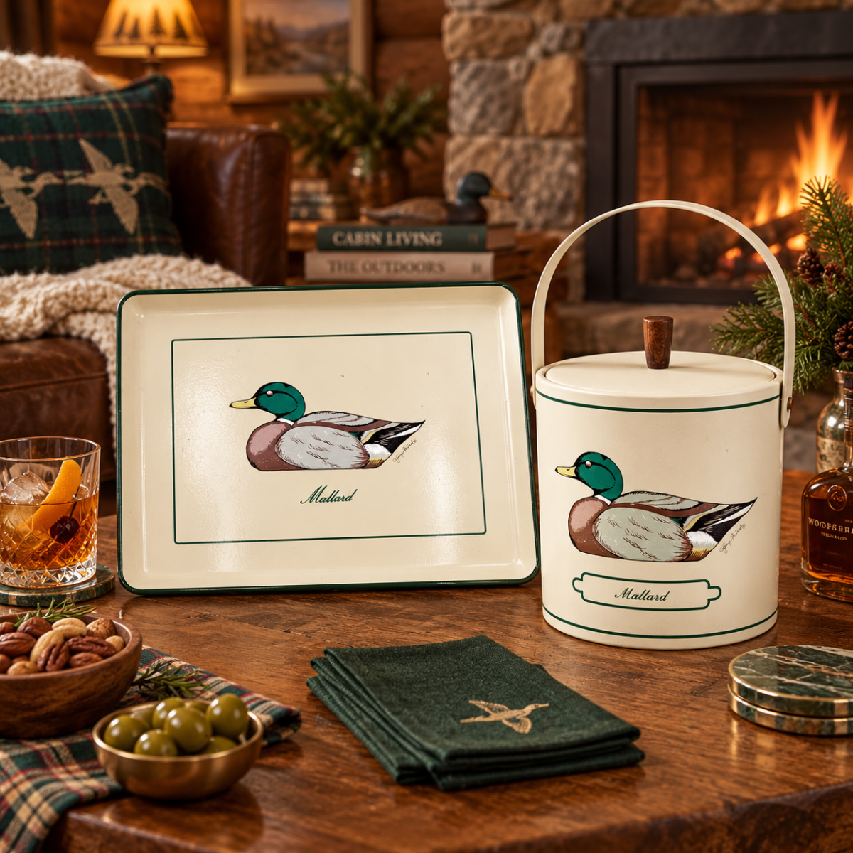 Rare Georges Briard Mallard Duck Tray & Ice Bucket Rustic Barware Set 1950s,