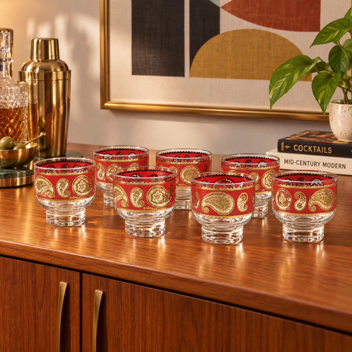 Culver Serveware Superb Culver Red Paisley 22k Gold Glassware Set of 6 Circa 1960s