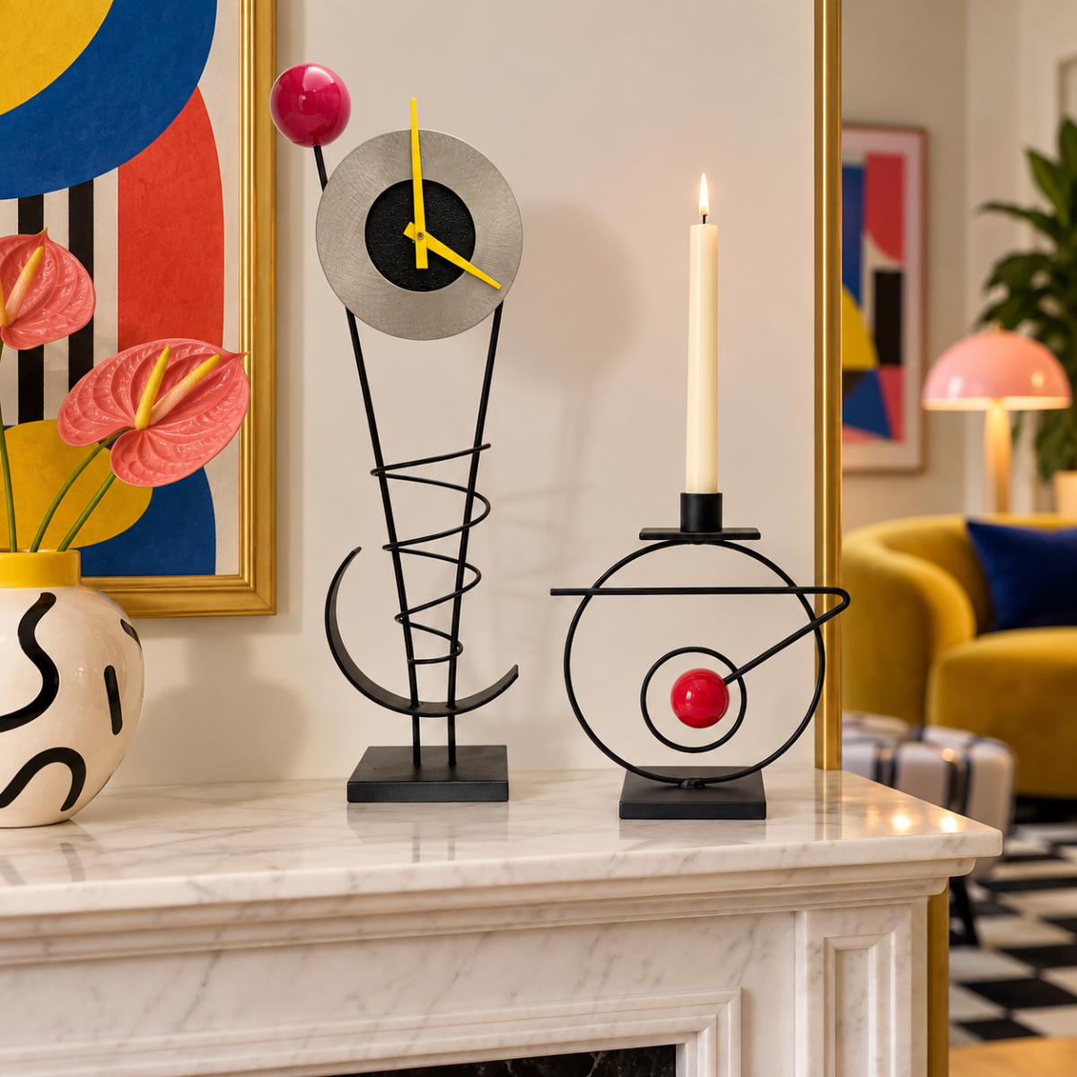 Rick Martin Clock and Candleholder Rick Martin Abstract Modernist Pop Art Memphis Style Clock & Candleholder