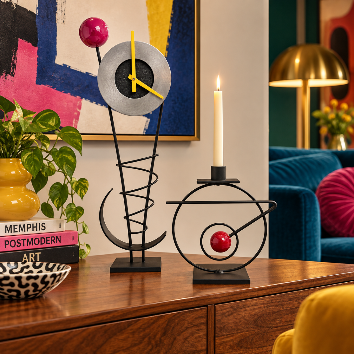 Rick Martin Clock and Candleholder Rick Martin Abstract Modernist Pop Art Memphis Style Clock & Candleholder