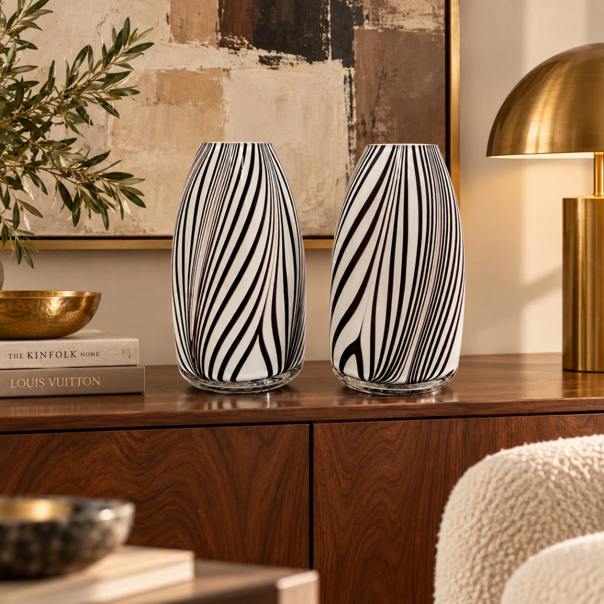 Murano Italy Vase Set of 2 Vintage Modernist Abstract Murano Hand Blown Art Glass Cased Vases
