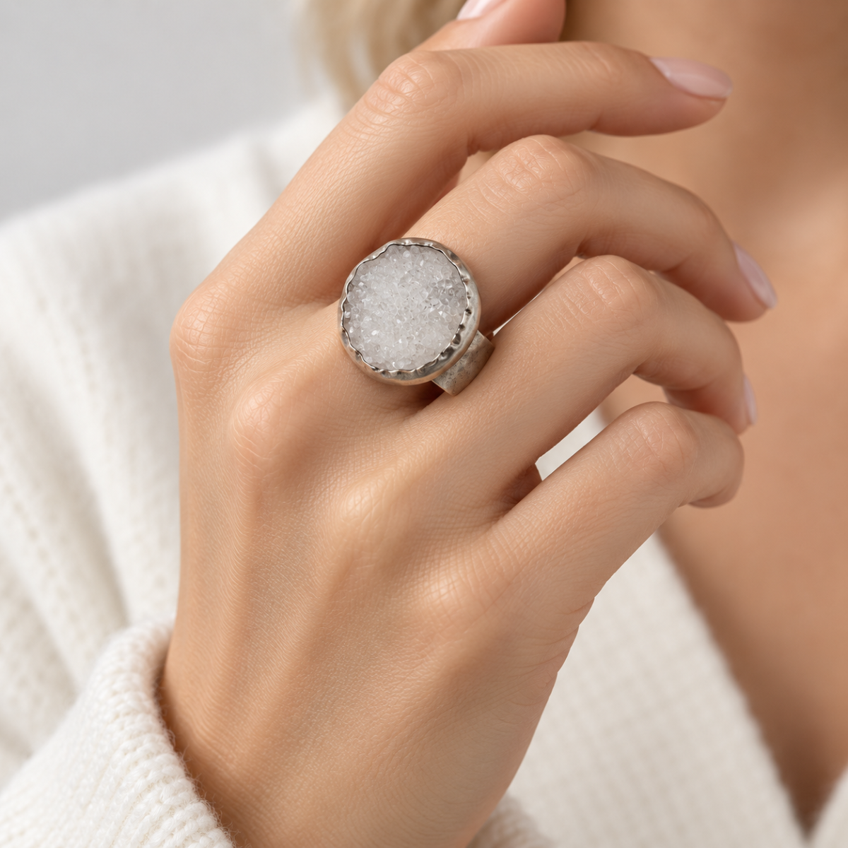 Chan Luu Jewelry Designer Chan Luu Modernist Bold Sterling & Drusy Quartz Crystal Ring
