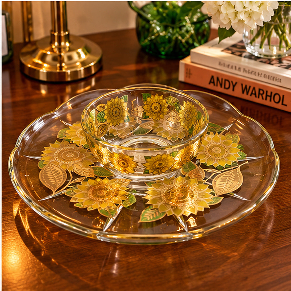 Georges Briard 22K Gold "Sunflowers" Chip & Dip Crystal Platter