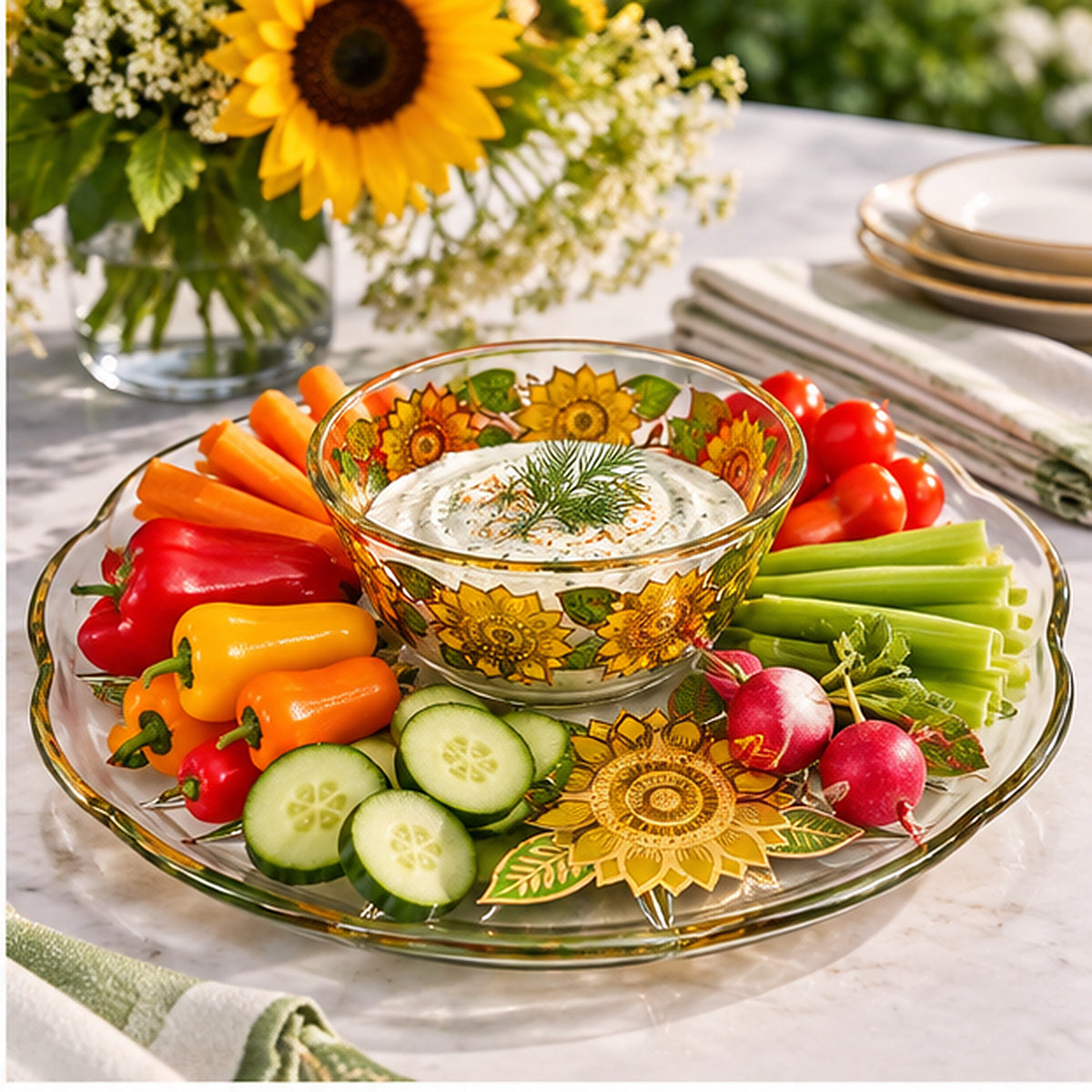 Georges Briard 22K Gold "Sunflowers" Chip & Dip Crystal Platter