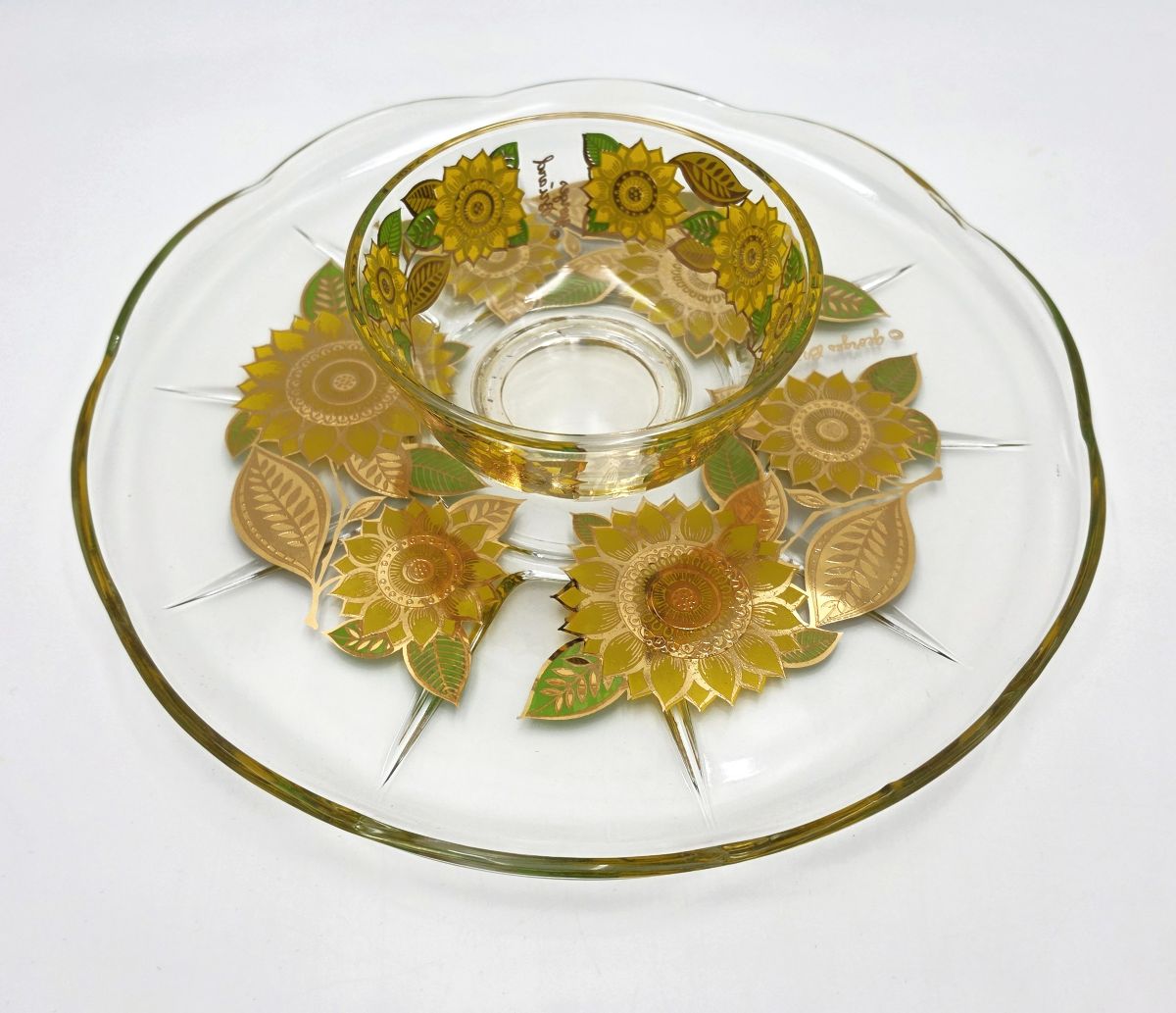 Georges Briard 22K Gold "Sunflowers" Chip & Dip Crystal Platter