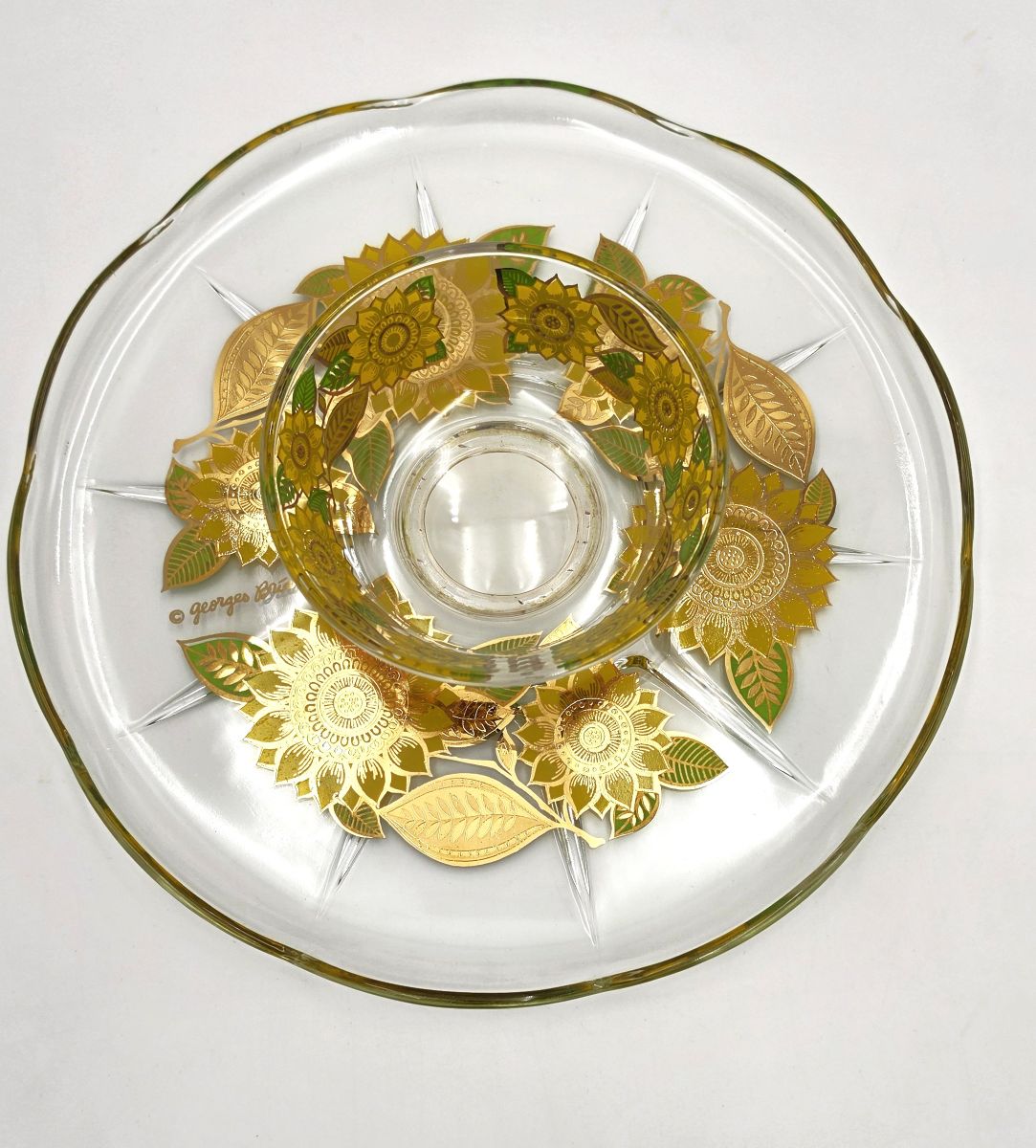 Georges Briard 22K Gold "Sunflowers" Chip & Dip Crystal Platter