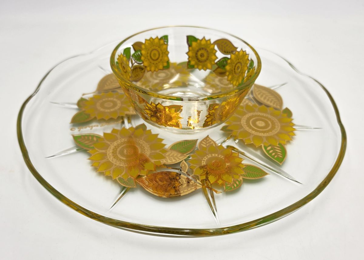 Georges Briard 22K Gold "Sunflowers" Chip & Dip Crystal Platter