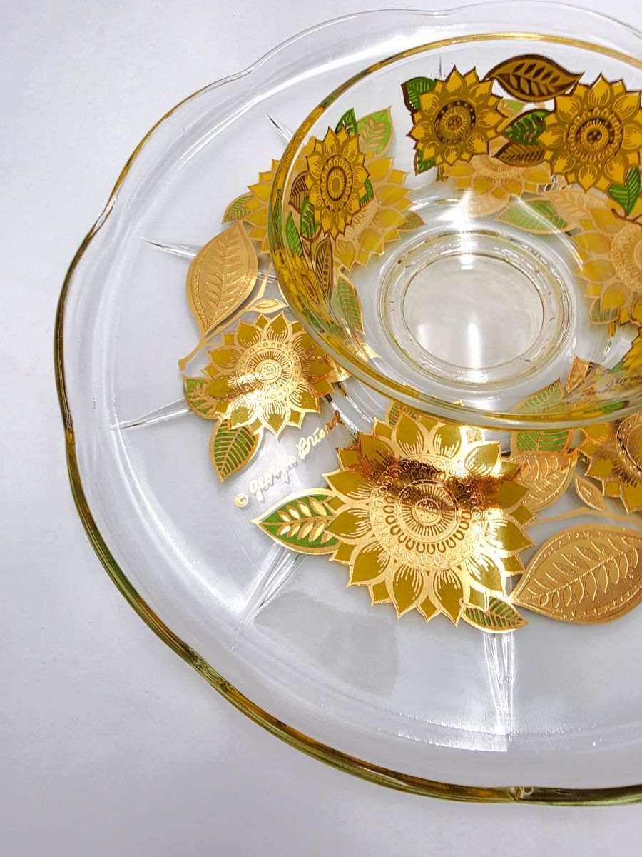 Georges Briard 22K Gold "Sunflowers" Chip & Dip Crystal Platter