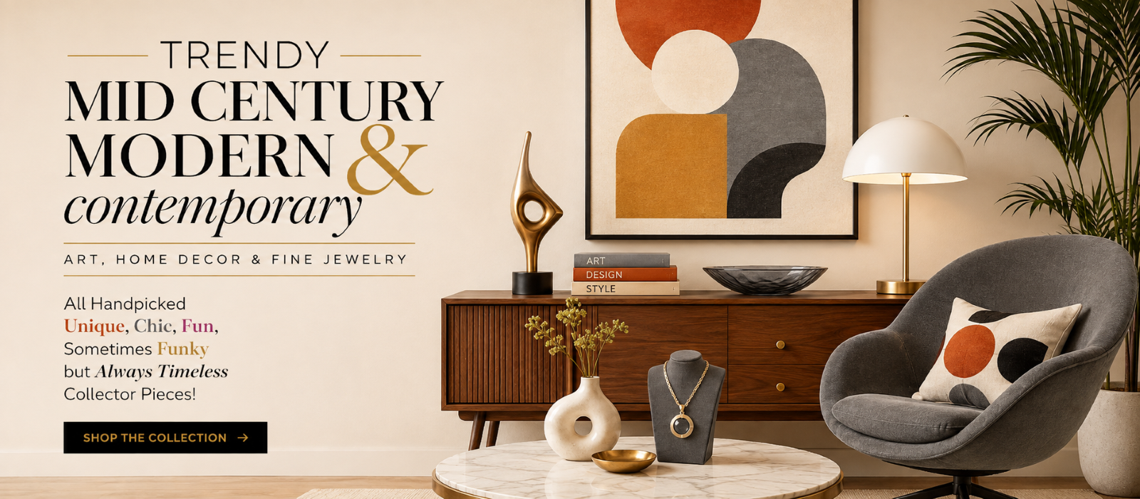 A styled interior scene with a mid-century modern credenza, gray armchair, lamp, framed abstract wall art, and jewelry displayed on a stand and neck, with large promotional text on the left reading 'Trendy Mid Century Modern & contemporary' and 'Art, Home Decor & Fine Jewelry.'.