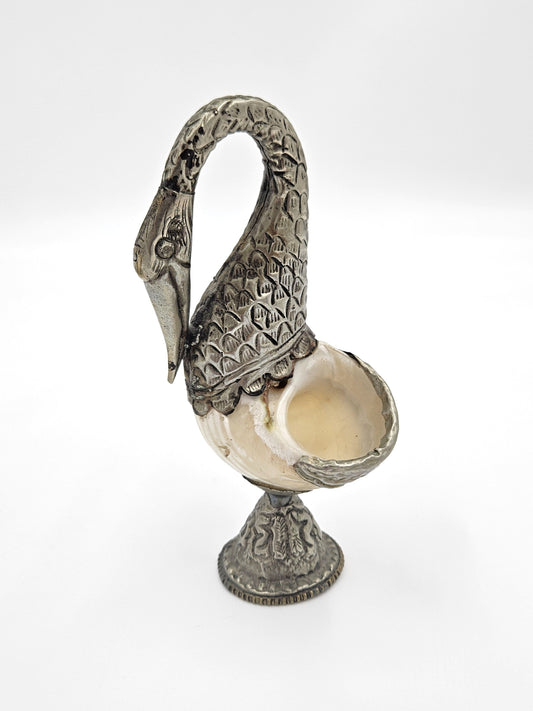 Pair of Antique Tibetan Nautilus Shell silver Mounted Swan Figural Vases, view 2 of 10