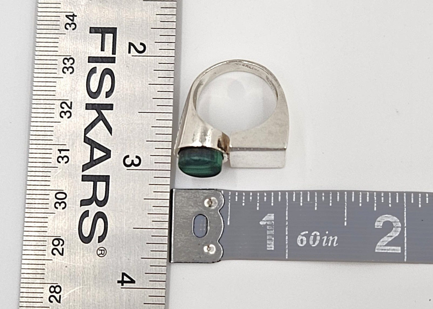 Artisan 925 Ring Jewelry Sterling Silver Green Malachite Abstract Modernist Ring