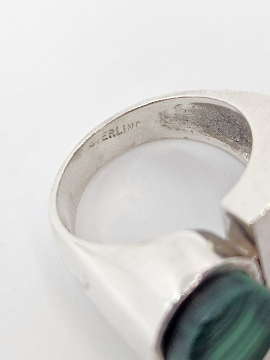 Artisan 925 Ring Jewelry Sterling Silver Green Malachite Abstract Modernist Ring