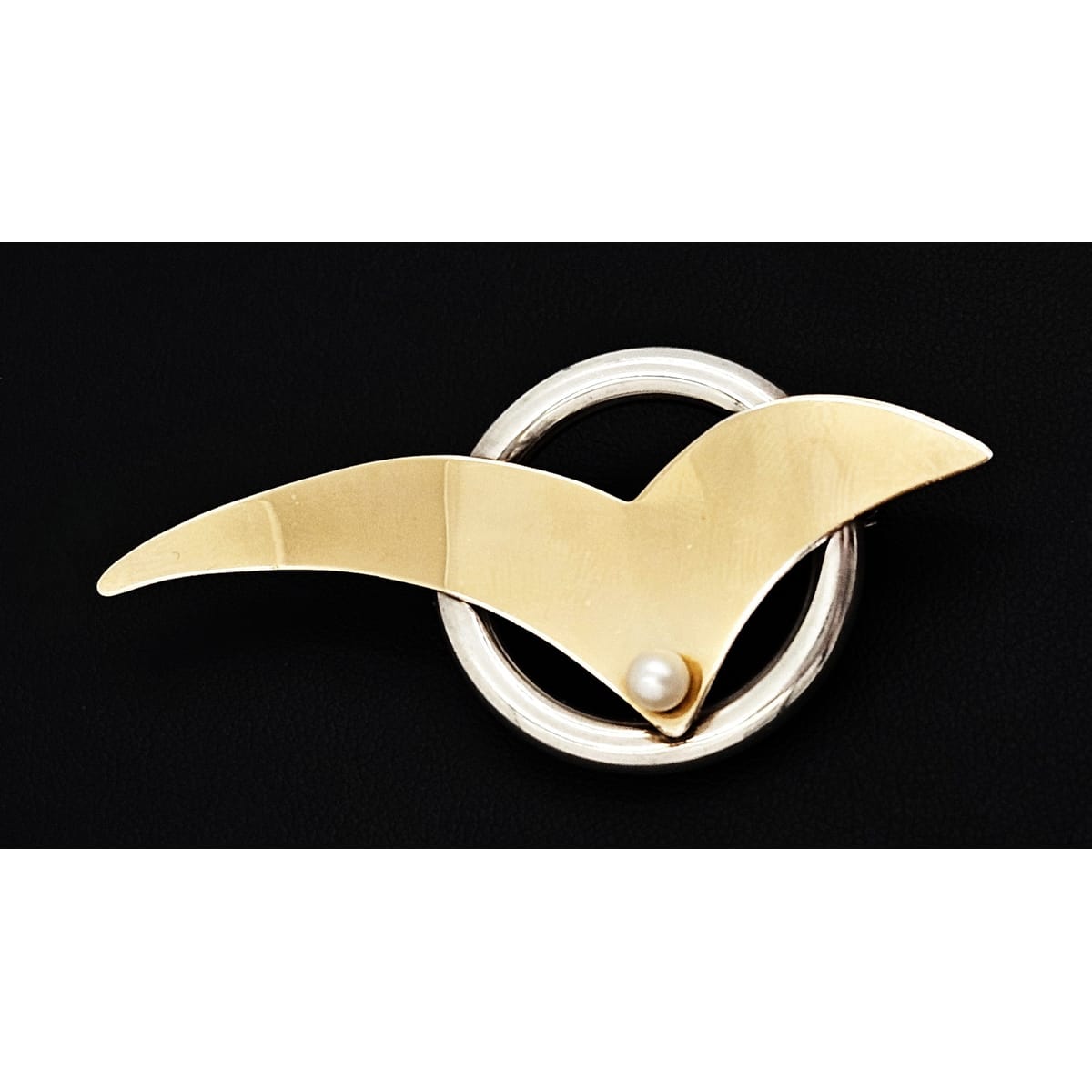Artisan Brooch Jewelry Artisan Signed Sterling 14k Gold & Pearl Modernist Bird Circle Brooch