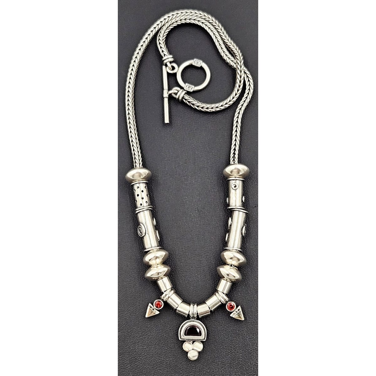 Artisan Signed Necklace Jewelry Vintage Artisan Made Sterling Silver & Garnet Modernist Statement Necklace