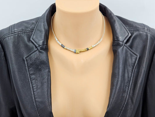 modernist Hammered Pendants Multi-Tone sterling silver and 24K gold plated Necklace, view 2 of 8