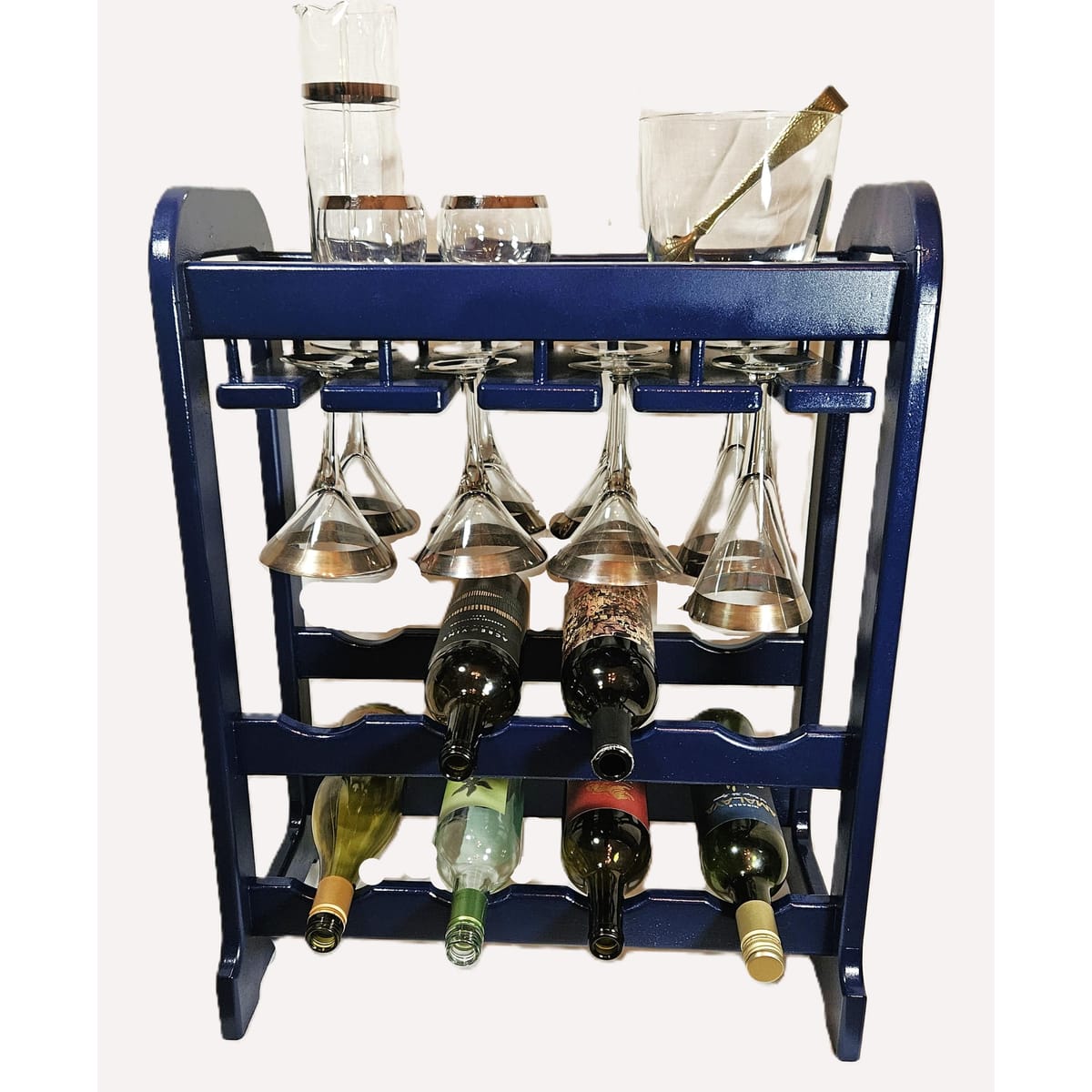 Artisan Wood Wine Rack Bar Cart Barware Artisan Made Solid Wood Navy Blue Wine & Glass Rack Bar Cart Stand C. 1960s