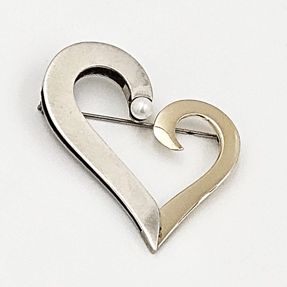 B Levy Jewelry Superb Artisan Signed B Levy Sterling 14k Gold & Pearl Modernist Heart Brooch