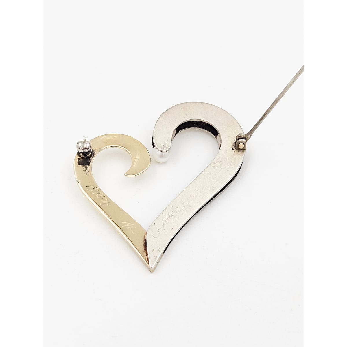 B Levy Jewelry Superb Artisan Signed B Levy Sterling 14k Gold & Pearl Modernist Heart Brooch