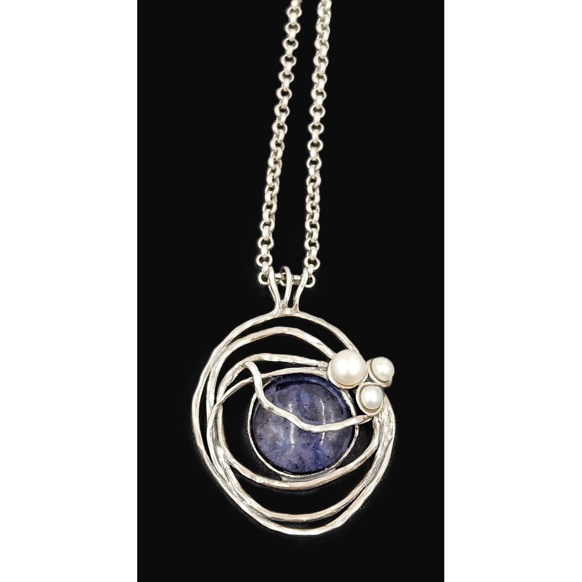 B Sterling Jewelry Artisan Sterling Sodalite & Pearl Abstract Modernist Pendant Necklace C. 1980s