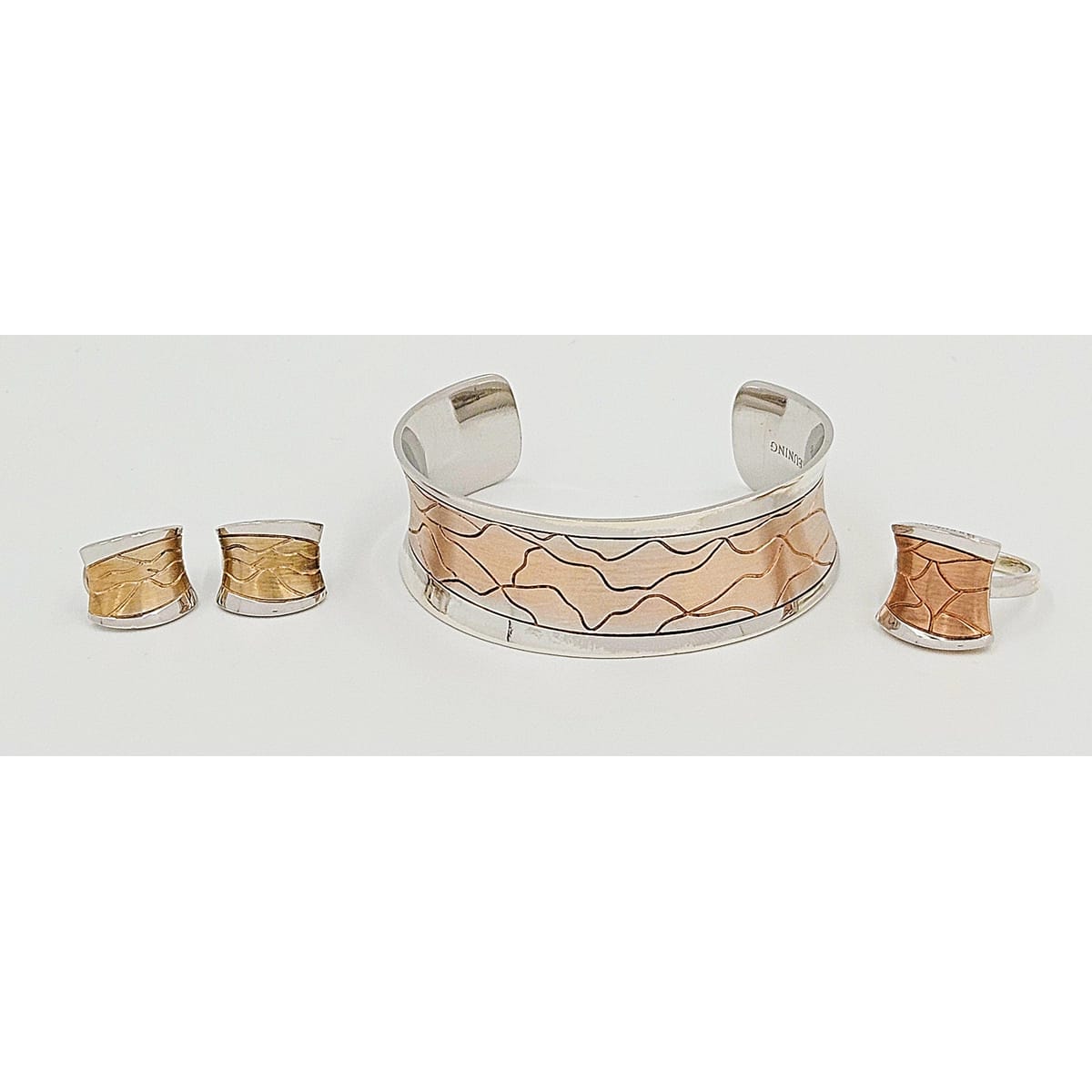 Breuning Jewelry Designer Breuning Sterling & Rose Gold Modernist Bracelet Earrings Ring Set