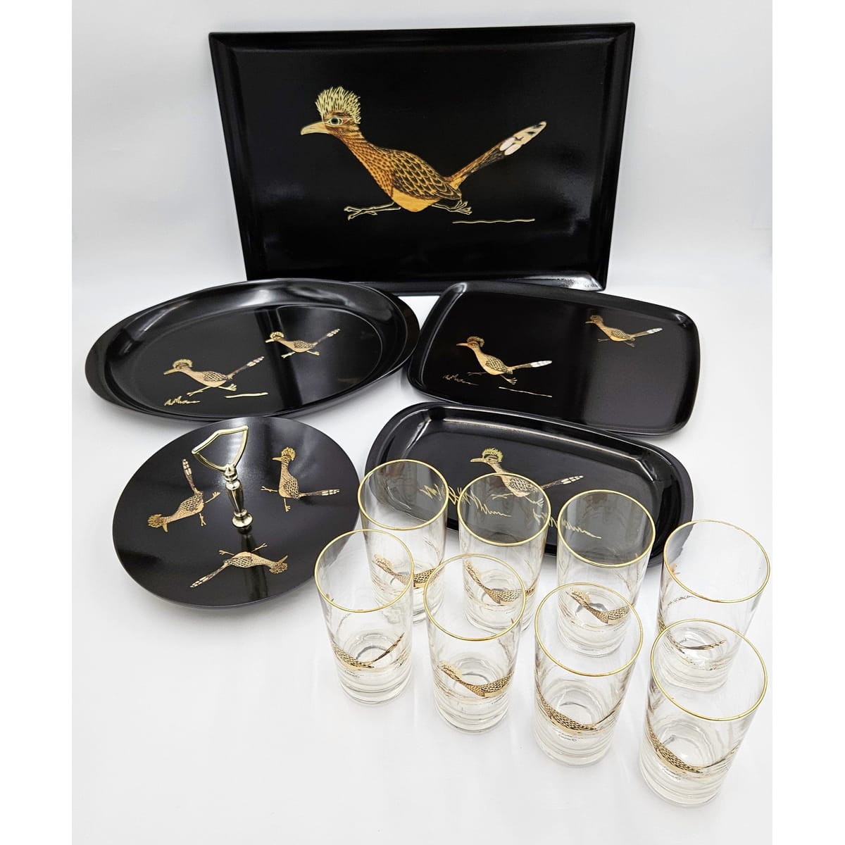 Couroc Serveware MCM Couroc Melamine Roadrunner Serving Trays & Glassware Huge Set 1966