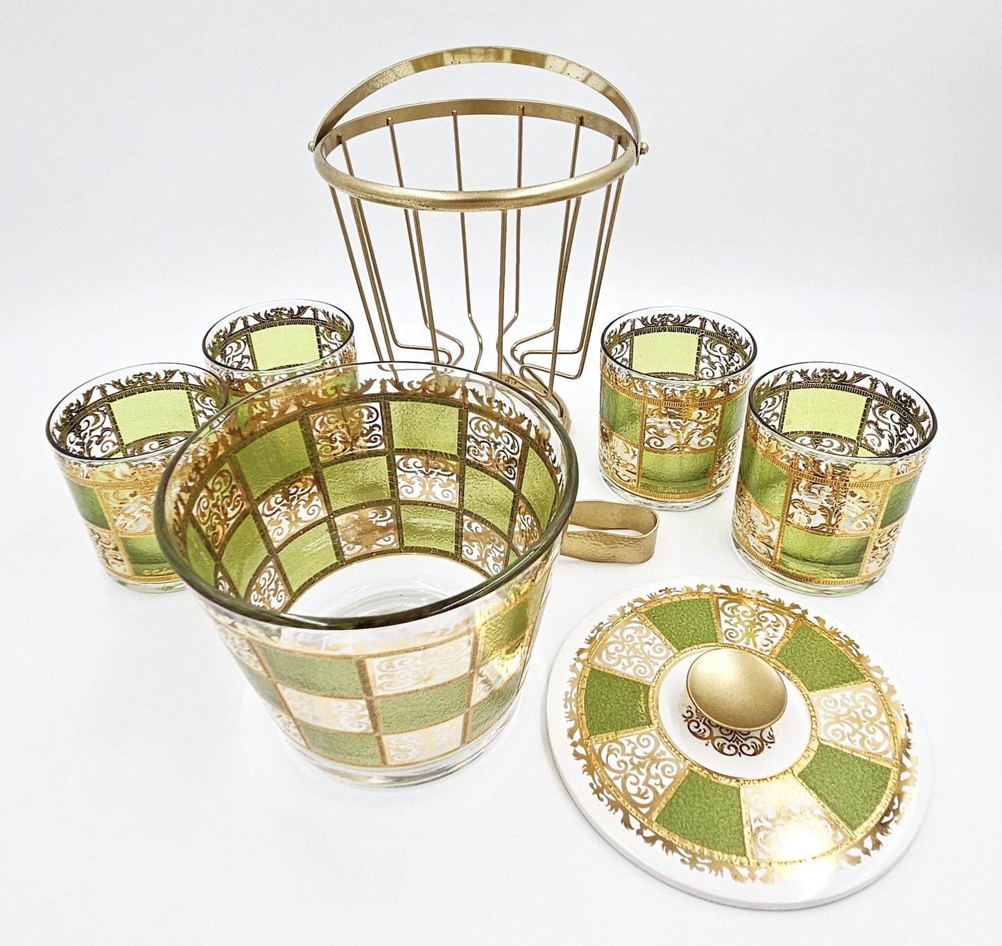 Culver Serveware Stunning Culver Prado Green 22k Gold Ice Bucket Glasses Barware Set 60s