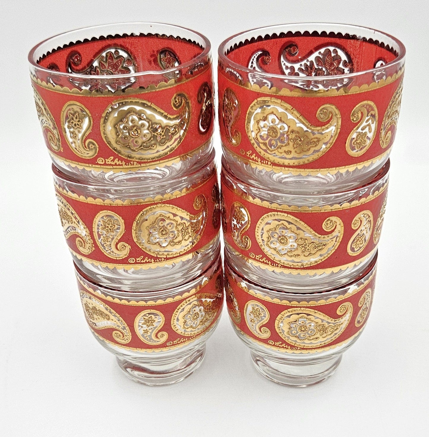 Culver Serveware Superb Culver Red Paisley 22k Gold Glassware Set of 6 Circa 1960s