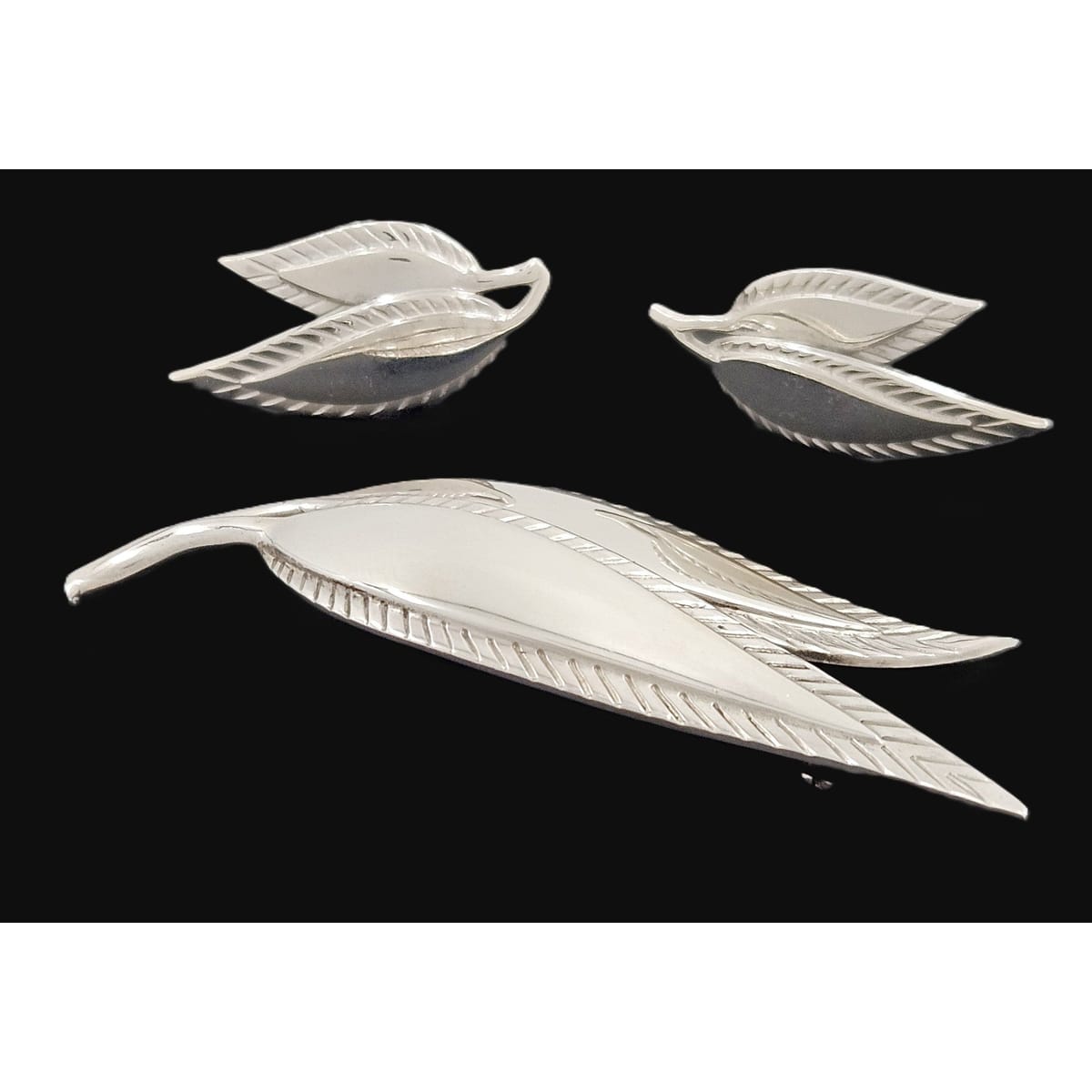 Just Andersen Denmark Jewelry Just Andersen Denmark Sterling Leaves Brooch & Post back Earrings Set 1930s