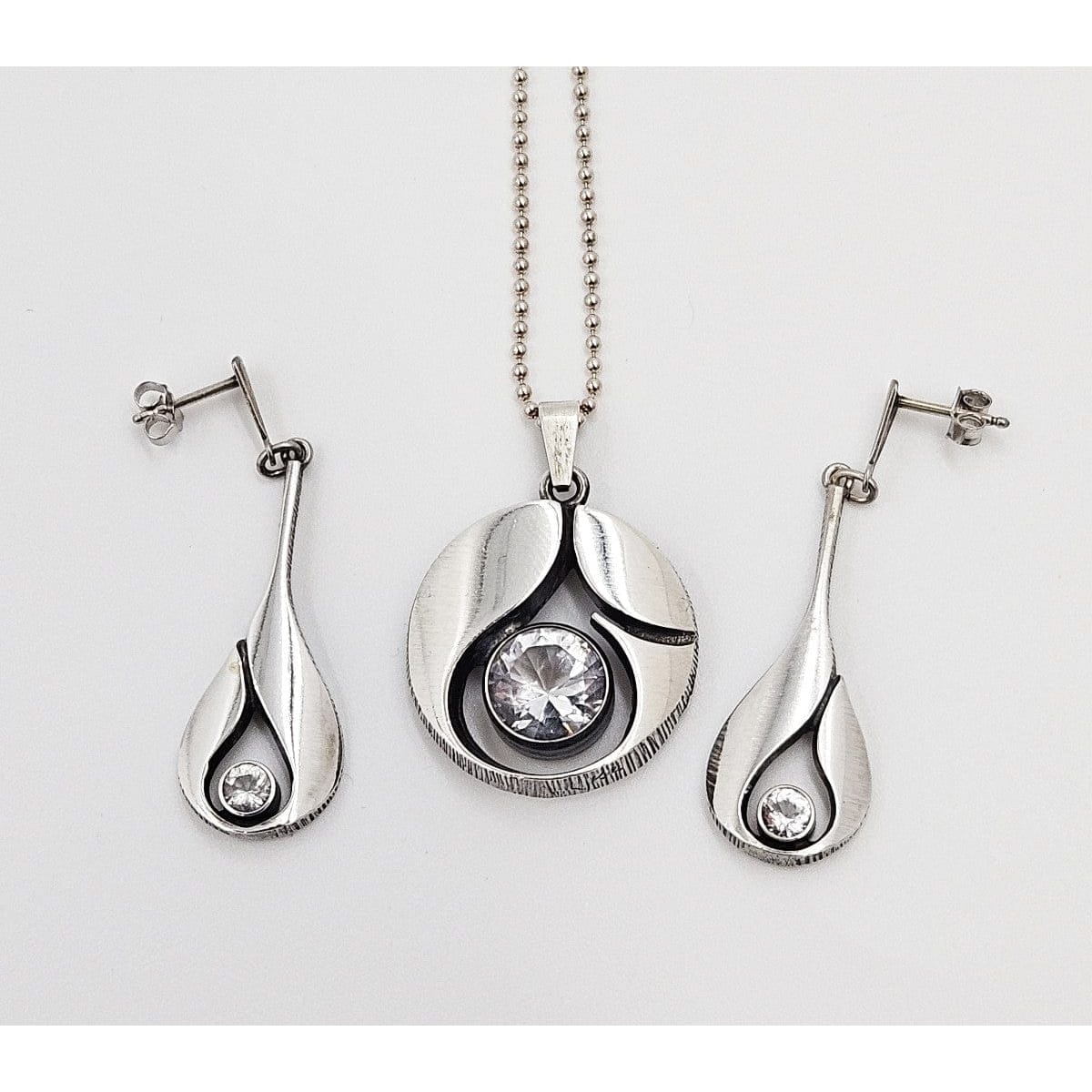 Karl Laine Jewelry Finnish Designer Karl Laine Modernist Sterling & Quartz Necklace Earrings Set 60s