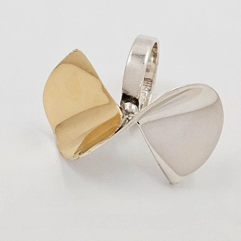 Kaunis Koru Jewelry Designer Finnish Kaunis Koru Sterling & Gold Modernist HUGE Ring 1976