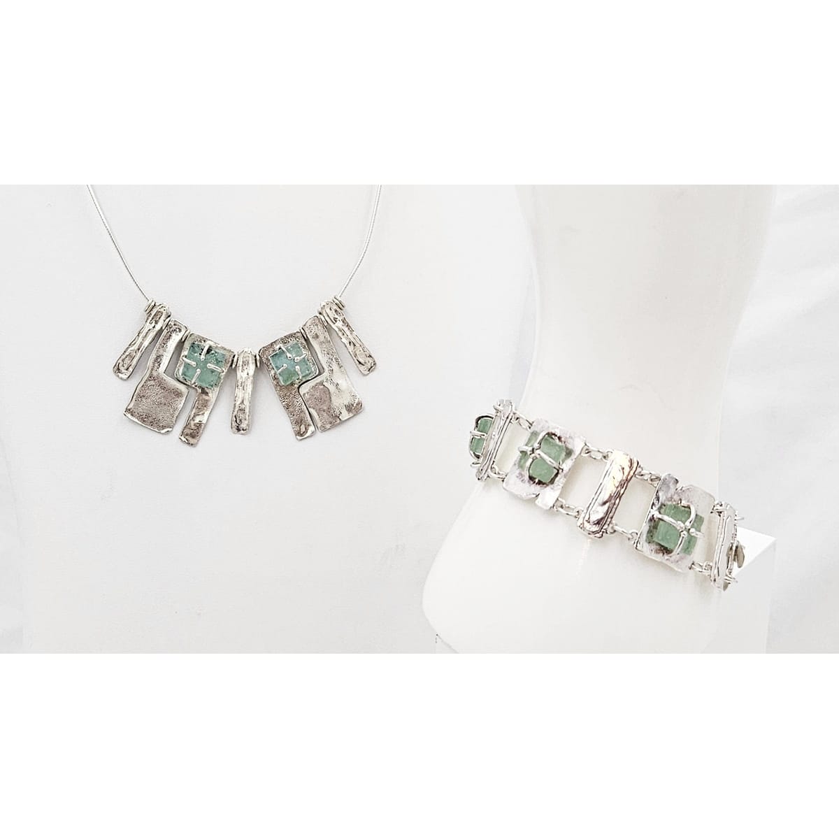 Luli Hammerstein Jewelry Luli Hammersztein Sterling Roman Glass Modernist Necklace & Bracelet Set 1980s