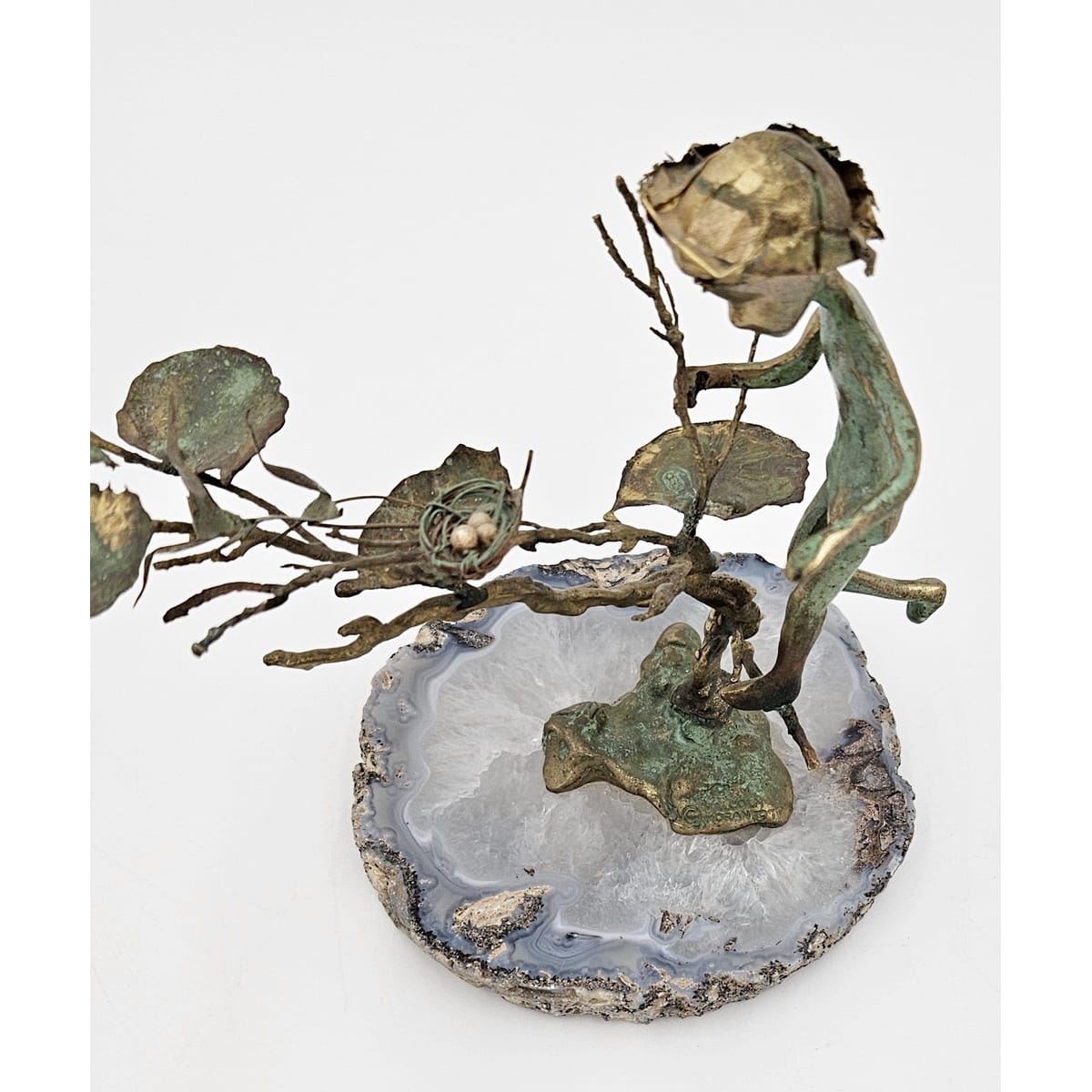 Malcolm Moran Sculpture Superb Malcolm Moran Bronze Nature Girl w/Birds & Nest Sculpture Statue 1971