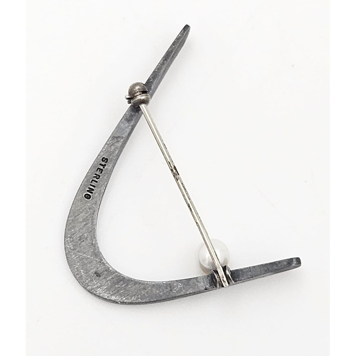MCM Retro Brooch Jewelry Vintage Sterling Silver & Pearl Abstract Modernist Retro Boomerang Brooch